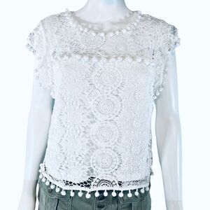 Lace Embroidered Pom Pom Blouse White Coquette